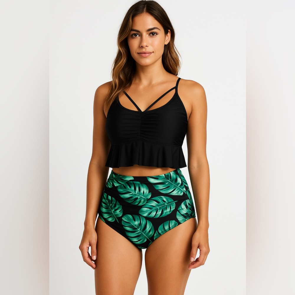 Tempt Me Black Ruffle Tankini Top & Tropical High Waist Bottoms Size Large